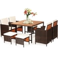 thumbnail image 2 of Costway 9PCS Patio Rattan Dining Set Cushioned Chairs Ottoman Wood Table Top White, 2 of 10