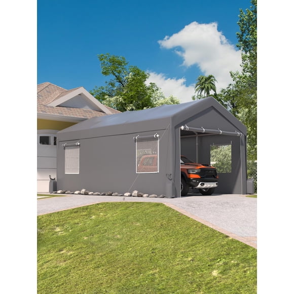 Heavy Duty Outdoor Storage Garage Shelter - 12x20x11 Ft Portable Carport with Reinforced Steel Frame, Roll-Up Windows, Double Doors - All-Weather Protection for Cars, Boats, Parties - Grey