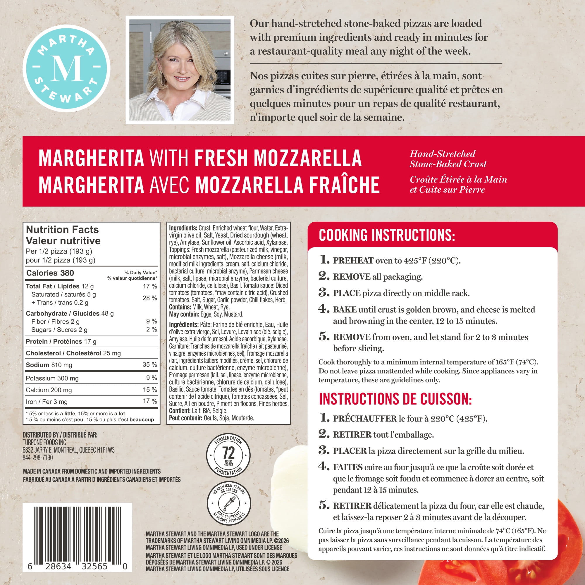 Pizza Martha Stewart margherita avec mozzarella fraîche, étirée à la main et cuite sur pierre, avec croûte au levain, 368 g