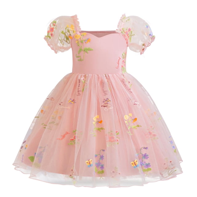 Yanlir Robe d'Été en Dentelle pour Fille, Princesse, à Volants, Sans Manches, Broderie, Tulle, Nœud, Robes; Robe de Fête à Col Rond; Tenue Imprimée Mode Printemps Été pour Enfants (Rose, 5 Ans)