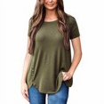 thumbnail image 3 of Femmes T-shirt Couleur Unie Haut Col Rond T-shirt Court Manches Courtes Chemisier, Vert Armée, M, 3 of 5