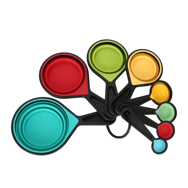 Mainstays 8-Piece Collapsible Silicone Measuring Cup and Measuring Spoon Set featuring multicoloured collapsible silicone cups and spoons with black handles connected by a ring, designed for space-saving kitchen storage and precise measuring.