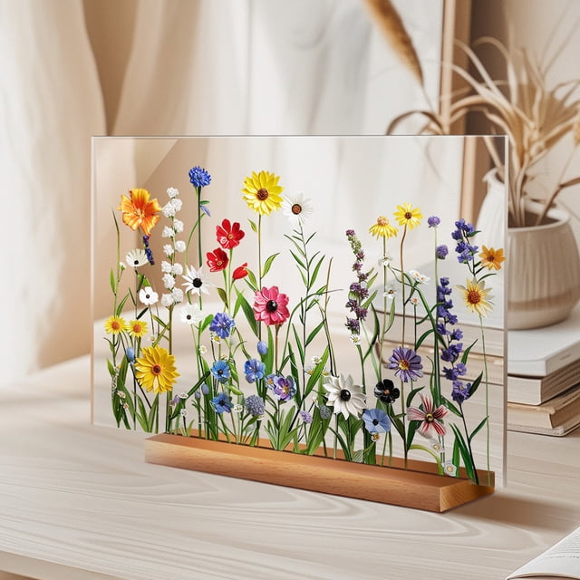 Nilvkv Acrylic Printed Desktop Display Floral Decoration Wooden Base Transparent Desktop Ornament