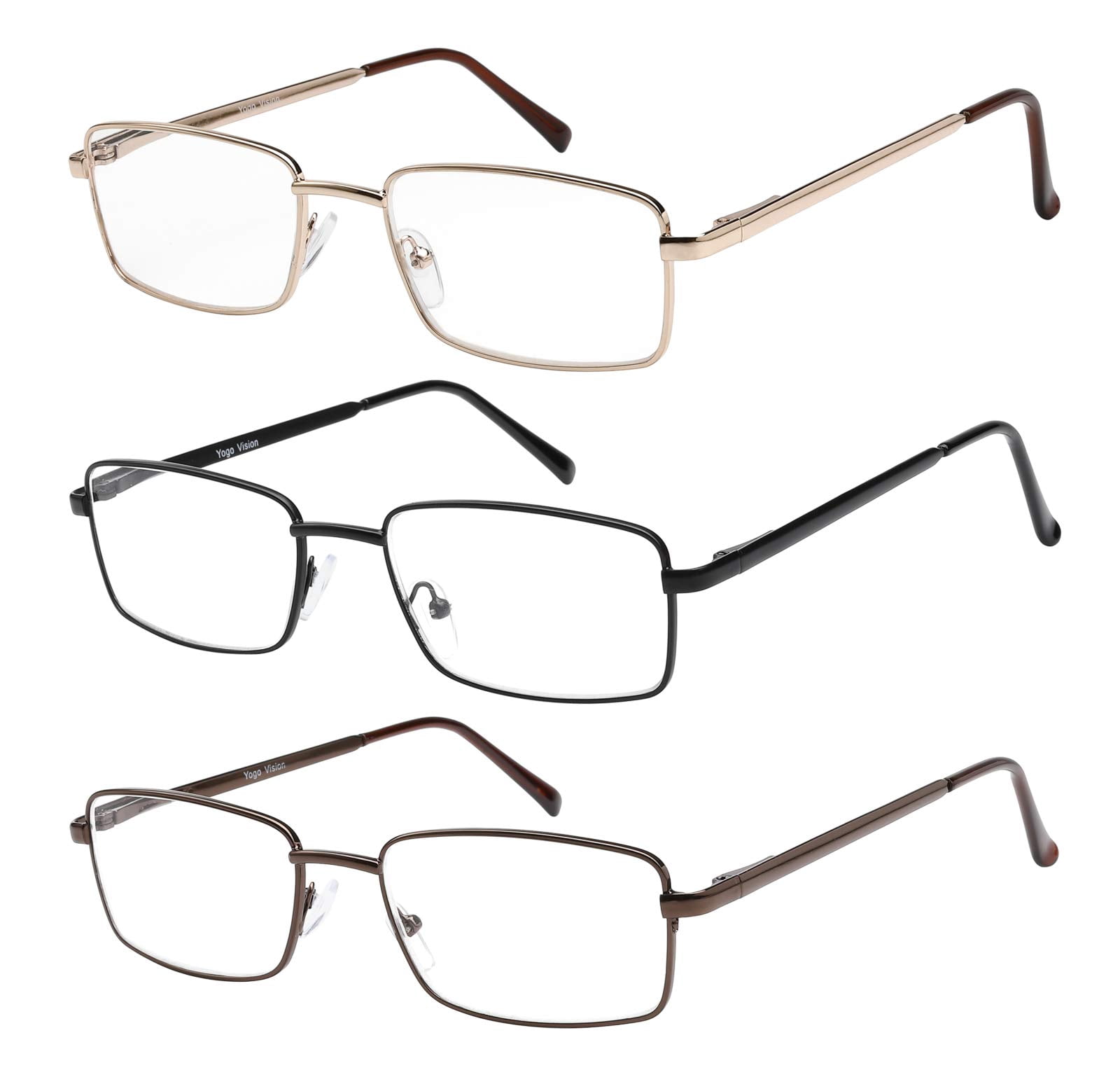 Success Eyewear Reading Glasses Set of 3 Metal Full Rim Glasses for reading for Men and Women - Set of Shiny Gold, Black, Brown 2.25