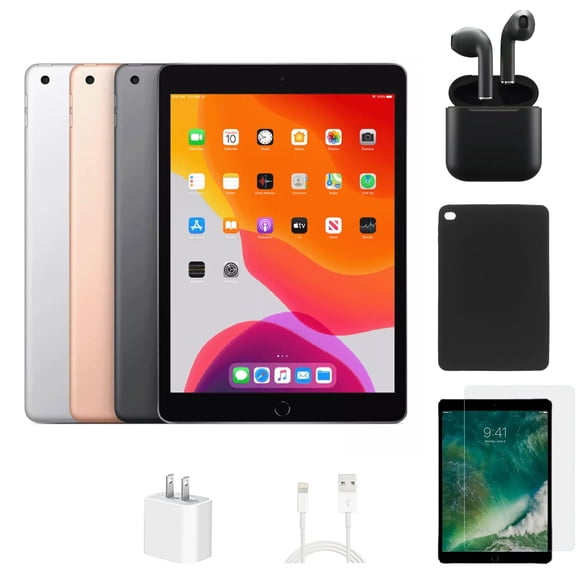 Refurbished Apple iPad 7th Gen A2197 (WiFi) 32GB Silver (Grade B) Bundle with Case, Wireless Earbuds,Tempered Glass Screen Protector