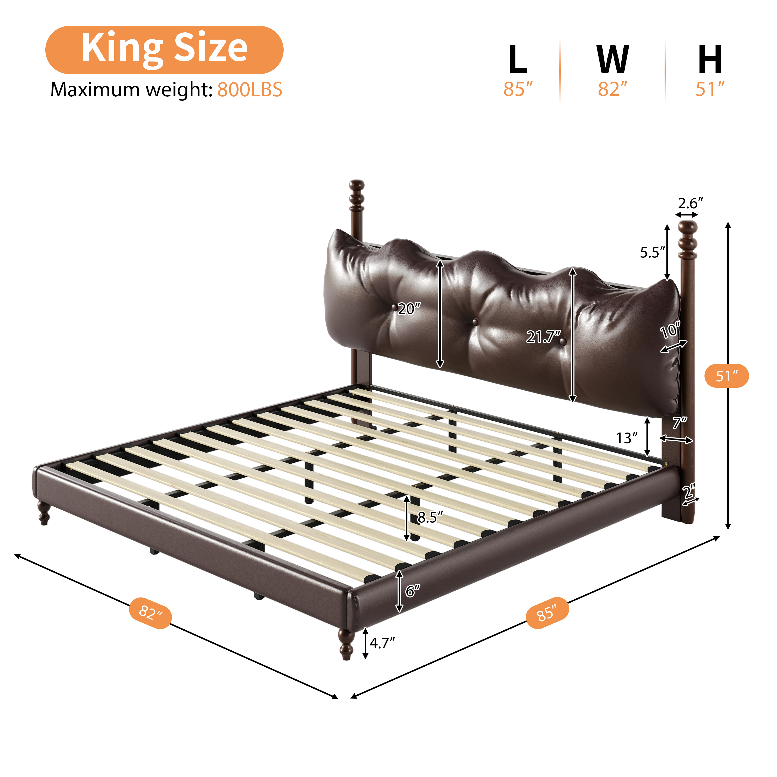 Noble House Lit Plateforme Grand Rembourré avec Tête de Lit, Cadre de Lit en Cuir PU avec Poteaux en Bois, Brun