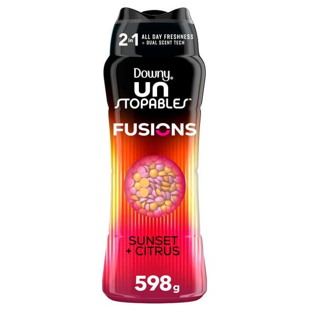 Downy Unstopables Fusions In-Wash Laundry Scent Booster Beads in Sunset & Citrus scent, 598g bottle with 2-in-1 dual scent technology for all day freshness, black and orange-red gradient packaging, and visible scent beads through a circular window.