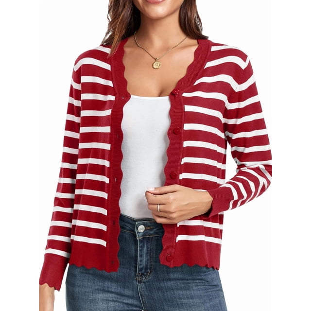 Cardigans pour Femmes, Chandails à Manches Longues, Décontractés, Légers, Boutonnés, Col en V, Chandail d'Automne, Rayures Rouges, m