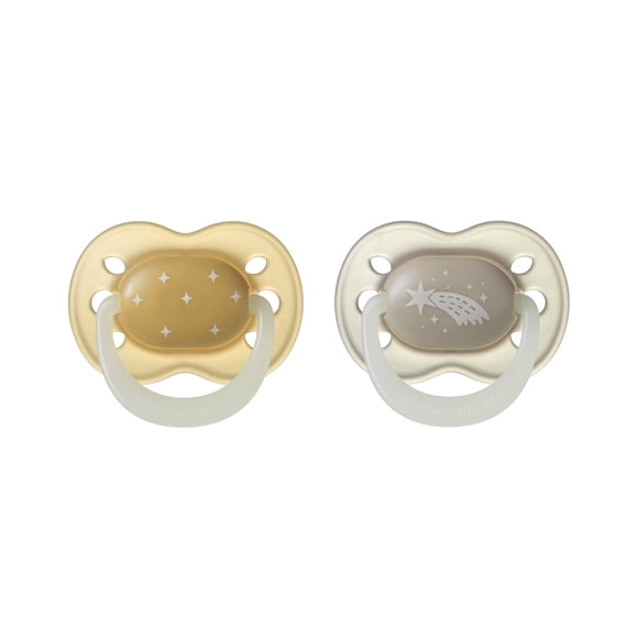 Suce NightGlow Tommee Tippee, 0 à 6 mois, paquet de 2, stérilisateur réutilisable pour micro-ondes, sucette phosphorescente, tétine symétrique, silicone sans BPA à 100 %, tons crépuscule