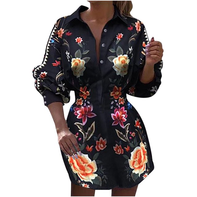 QTBIUQ Robe pour Femmes à la Mode avec Boutons, Couture, Manches Longues, Imprimée, Taille, Manches Lanterne