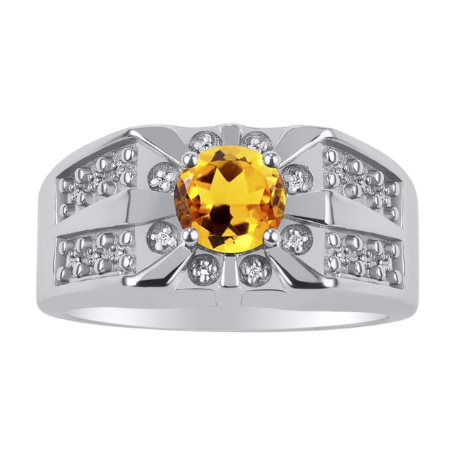 RYLOS Men's Rings Sterling Silver Designer Starburst 7MM Round Gemstone & Diamond Ring Citrine November Birthstone Size 11