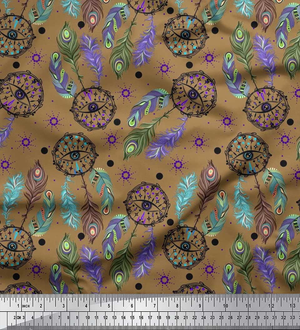 Soimoi Georgette Viscose Fabric Eye,Dot & Peacock Feather Decor Fabric Printed Yard 42 Inch Wide