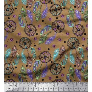 Soimoi Polyester Crepe Fabric Eye,Dot & Peacock Feather Print Fabric by The Yard 42 Inch Wide