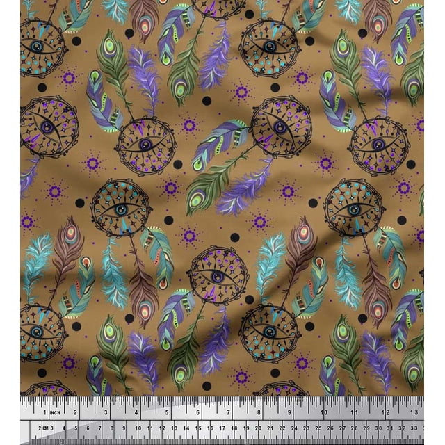 Soimoi Polyester Crepe Fabric Eye,Dot & Peacock Feather Print Fabric by The Yard 42 Inch Wide