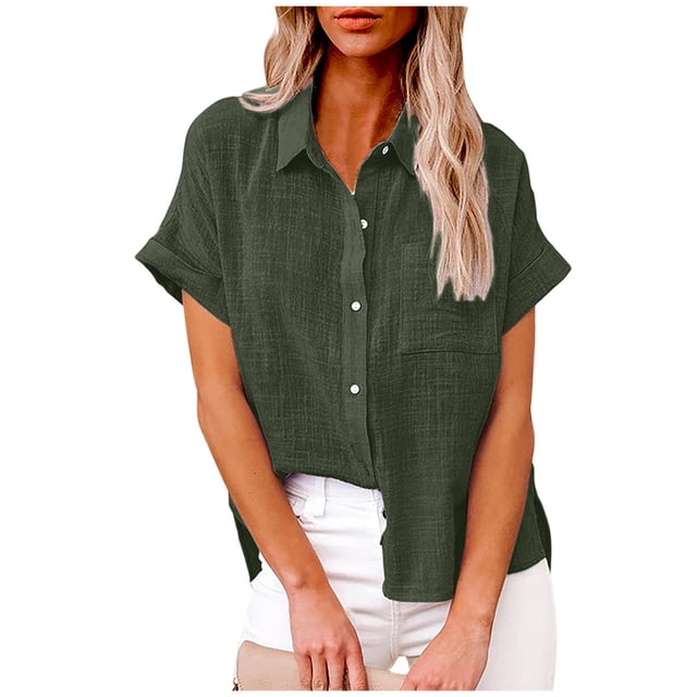 Dealovy Plus Size Womens Button down Shirts Cotton Linen Rolled Short Sleeve Loose Casual Work Blouses