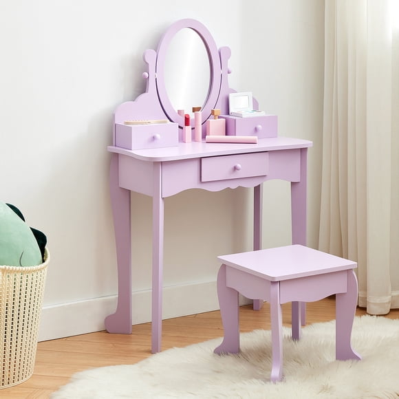 Garvee Princess Vanity Set with Mirror & Drawers, Wooden Makeup Dressing Table and Stool for Girls Ages 4-9, Purple