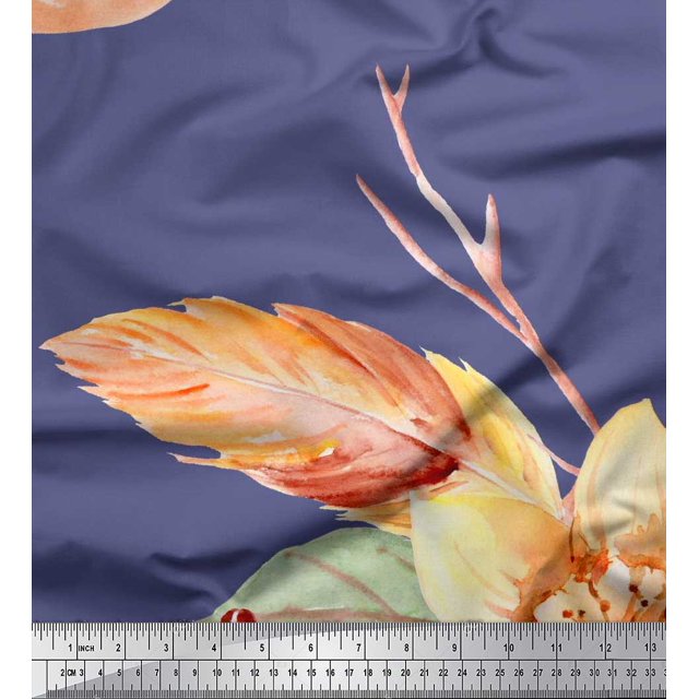 Soimoi Purple Poly Georgette Fabric Leaves & Peach Floral Print Fabric by Yard 52 Inch Wide