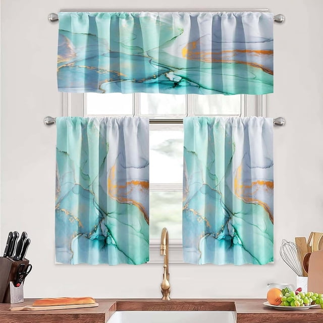Mint Green Marble Kitchen Curtains Tiers and Valances Set, featuring a 3-piece design with colorful abstract patterns. Includes two tier panels and one valance, made of soft, fade-resistant pongee material. The curtains are shown installed on a kitchen window above a sink, with a modern swirl design in shades of green, blue, and gold. Ideal for privacy, light reduction, and noise reduction, while adding a decorative touch to the kitchen. Machine washable for easy care.