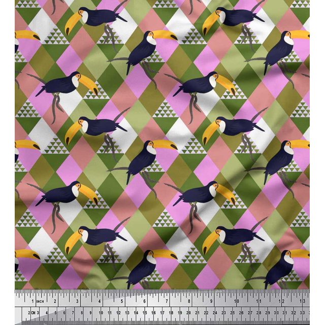 Soimoi Rayon Fabric Check & Toucan Bird Printed Fabric 1 Yard 56 Inch Wide