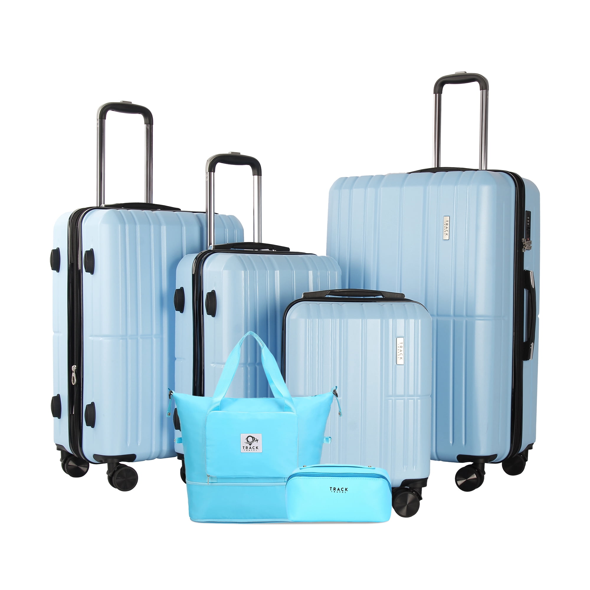 TRACK TRAVEL 4 Piece Luggage Set ABS+PC Expandable Hardshell TSA Lock Aluminum Trolley Spinner Wheels (Sky Blue, 6 Piece Set)