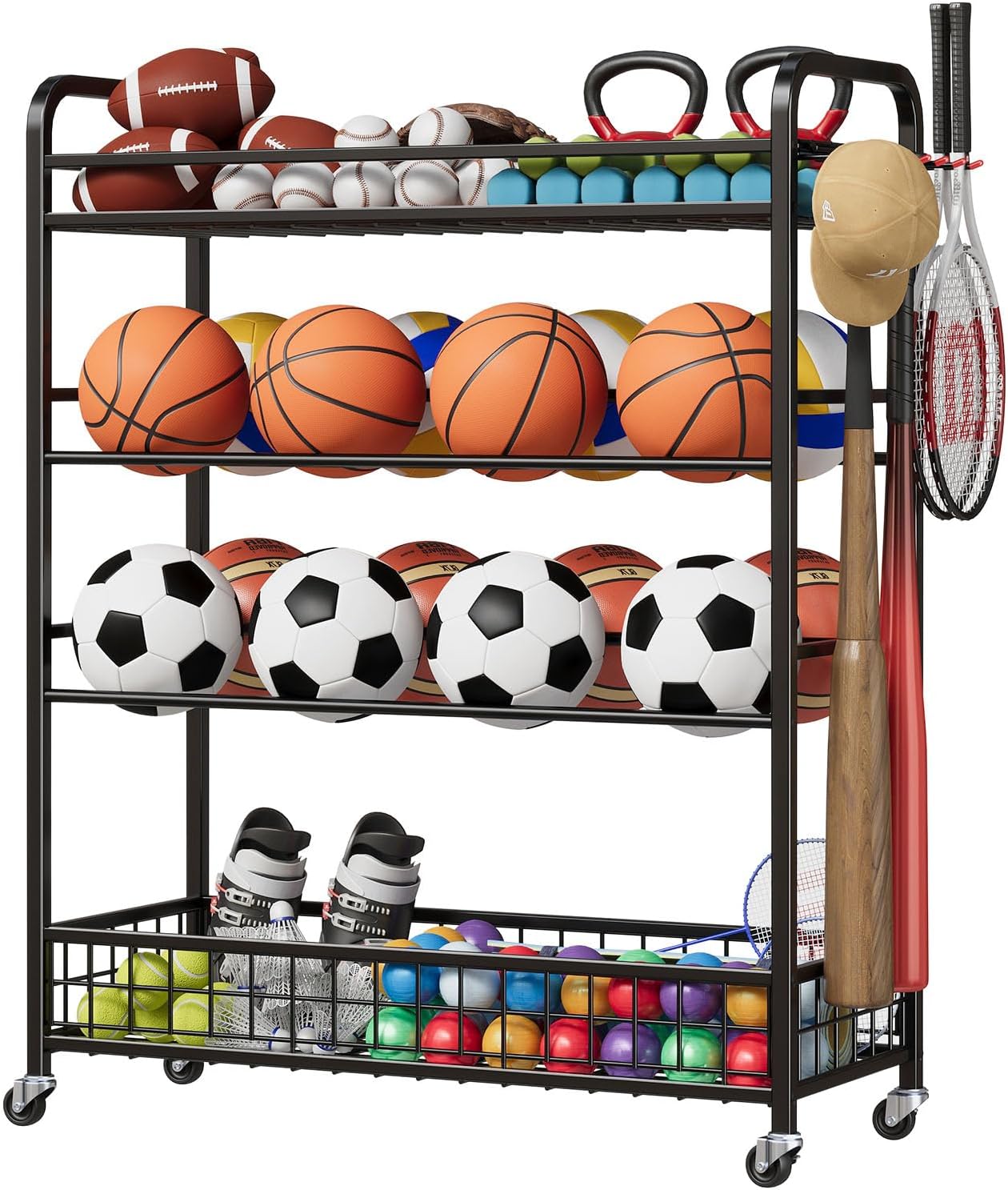 GloryStar Sports Equipment Organizer, Rolling Ball Storage Bin with Wheels