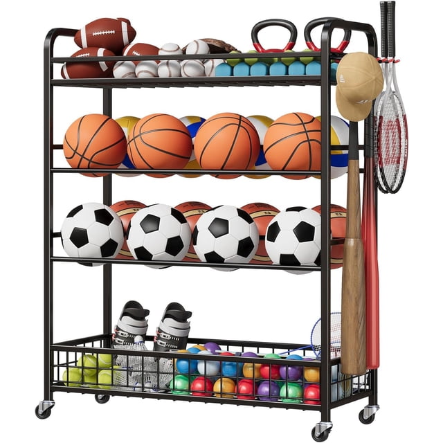 GloryStar Sports Equipment Organizer, Rolling Ball Storage Bin with Wheels
