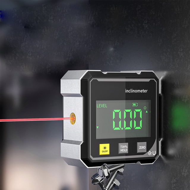 LOVEVER 4-Side Magnetic Digital Angle Gauge with backlight, shown attached to a metal surface using its magnetic base. The inclinometer features a clear LCD display with green digital readings, a red laser for precise alignment, and buttons for power, tilt hold, and zeroing. Compact and lightweight, it includes a Type-C charging port for recharging. Suitable for woodworking, table saw adjustments, and hanging tasks.