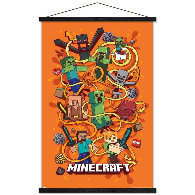 Minecraft - Funtage Wall Poster, 22.375" x 34", depicting pixelated Minecraft characters including Steve, Alex, Creepers, Skeleton, Enderman, and Pig with swords and blocks on an orange background, printed on glossy paper with adhesive mounts for easy, damage-free hanging, suitable for bedroom or office wall decor.