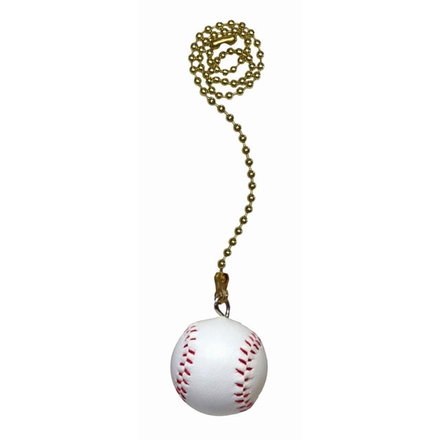 Atron Electro Industries 12 Inch Baseball Brass Fan Pull Chain with a 12-inch brass beaded chain and a white baseball pull featuring red stitching, designed to enhance ceiling fans with a sports-themed accessory.