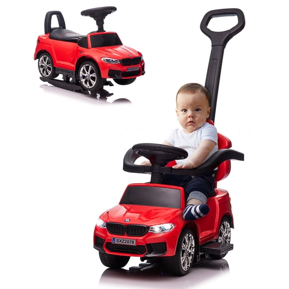 VOLTZ TOYS Licensed BMW M5 4-in-1 Push Car for Toddlers, Foot-to-Floor Ride-On Baby Walker with Removable Push Bar, Manual Glide Sliding Toy with Leather Seat & Rocking Rails, Red
