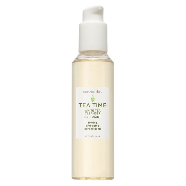Earth to Skin Tea Time White Tea Cleanser in a clear cylindrical bottle with white pump dispenser, labeled with green text highlighting firming, anti-aging, pore refining, and detoxifying benefits, containing 140 ml of hydrating facial cleanser ideal for daily skin care.