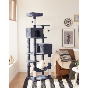 Tour Cat Tree 75.2"H pour chats intérieurs, Condo Cat multi-niveaux en peluche avec des poteaux de Scratching, Perches, Grottes, Hammock, Gris fumé