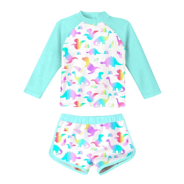 hengsof Maillot Dermoprotecteur pour Filles Deux Pièces Maillot de Bain Manches Longues Col Rond Maillot Mignon à Imprimé Graphique Tenue de Plage
