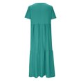thumbnail image 4 of yoeyez Robe en Lin pour Femme Grande Taille, Robe Unie à Col en V Smockée pour Femme Longue Plissée à Manches Courtes Robes Boho Ample Fluide Robe Maxi Bleu Clair, 2TG, 4 of 5
