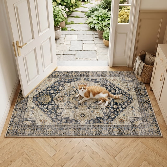 Exenoray Washable Bohemian Rug, Non-Slip Low Pile Printed Carpet, Faux Cashmere Surface, Vintage Blue 5*7