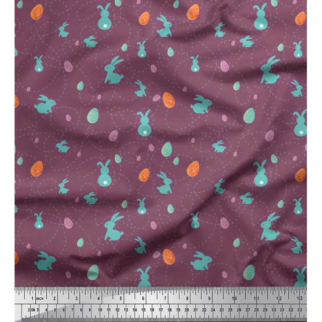 Soimoi Polyester Crepe Fabric Egg & Rabbit Animal Printed Fabric 1 Yard 52 Inch Wide