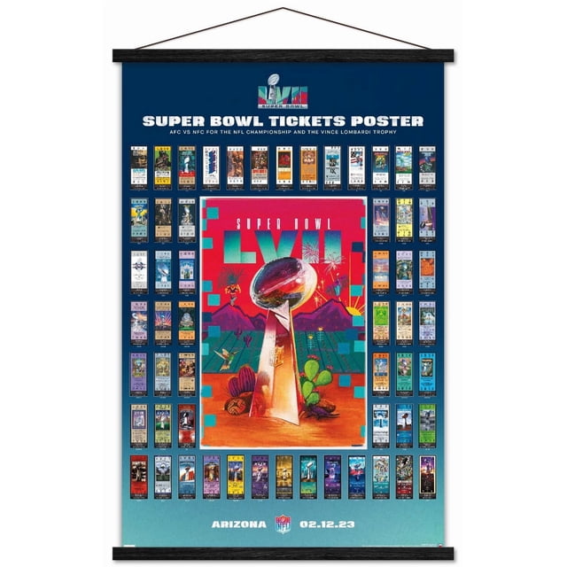 NFL League - Super Bowl LVII Ticket Collage Wall Affiche, 22.375 Pouces x 34 Pouces, art Mural Brillant Présentant un Collage de Billets Super Bowl Historiques Arrangés Autour d'Une illustration de Trophée central Vince Lombardi avec un Arrière-Plan de Désert Coloré, des Feux d'Artifice et des Cactus, Parfait pour la Déco de la Maison, le Bureau Ou la Décoration de Fête.