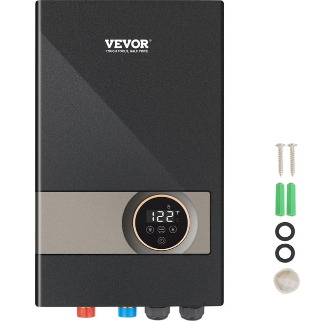 VEVOR Instant Water Heater, an 18kw electric tankless water boiler in grey with a digital temperature display and IMD touch screen. Provides energy-efficient, endless hot water with a temperature range of 86-140°F. Features a compact wall-mount design, 3/4'' NPT water connections, and includes installation accessories such as screws and seals.