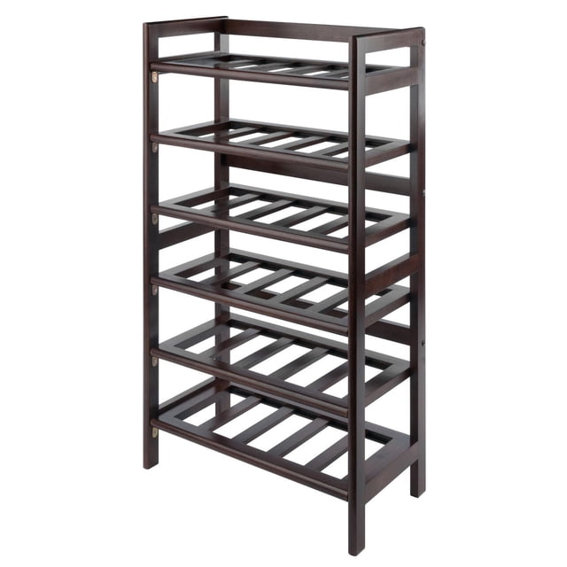 Winsome Silvi Wine Rack, 30-bottle capacity, 6-tier walnut finish made of solid and composite wood, with six shelves holding five bottles each, measuring 21.5"W x 11.54"D x 38.5"H, ideal for kitchen or wine cellar organization and suitable for storing bottled beverages.