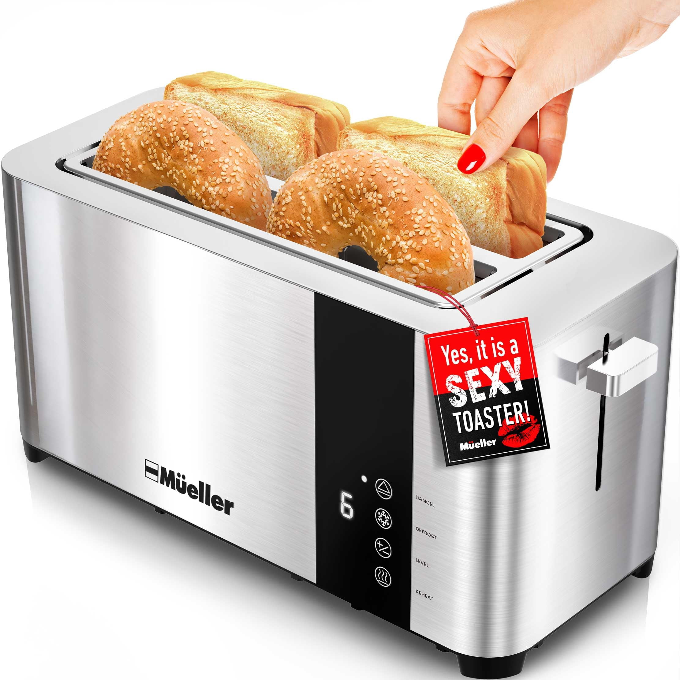 Mueller UltraToast Stainless Steel Toaster 4 Slice &acirc;?? Extra-Wide 1.6" Slots for Artisan Bread, Bagels & Frozen Waffles, 6 Browning Levels, LED Display, Cancel/Defrost/R