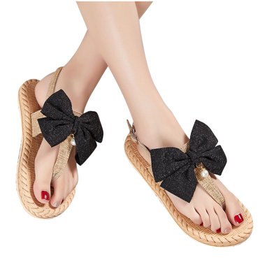 Sandales Tissées pour Femmes Plates à Bride en T Slingback à Boucle Ajustable Double Nœud Décor Perles Décontractées Plage Antidérapantes Respirantes Sandales de Plage d'Été Sandales à entre-Doigts Noir