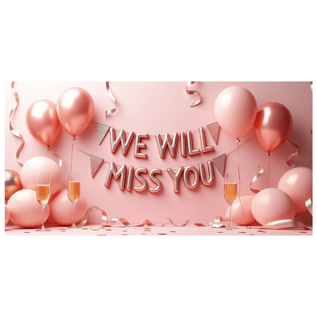 Pink themed glittery triangle banner with 'We Will Miss You' lettering displayed in a festive party setting. The backdrop features pink balloons, metallic ribbons, and champagne glasses, creating a celebratory atmosphere. Ideal for farewell, retirement, or leaving parties. Made of polyester with dimensions of 180x90cm, 250x45cm, 220x110cm, and 180x110cm.