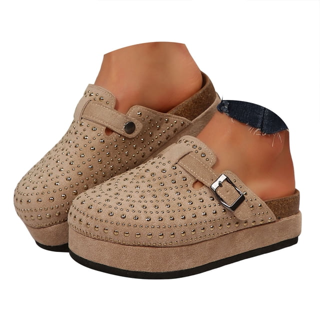 Dakaela Women's Suede Clogs Cork Footbed Sandals Comfort Platform Mules Rhinestone Slip on Slippers
