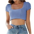 thumbnail image 1 of Square Neck Crop Tops for Women Short Sleeve Crochet Knit Going out Tops Basic Slim Cropped T Shirts, 1 of 4