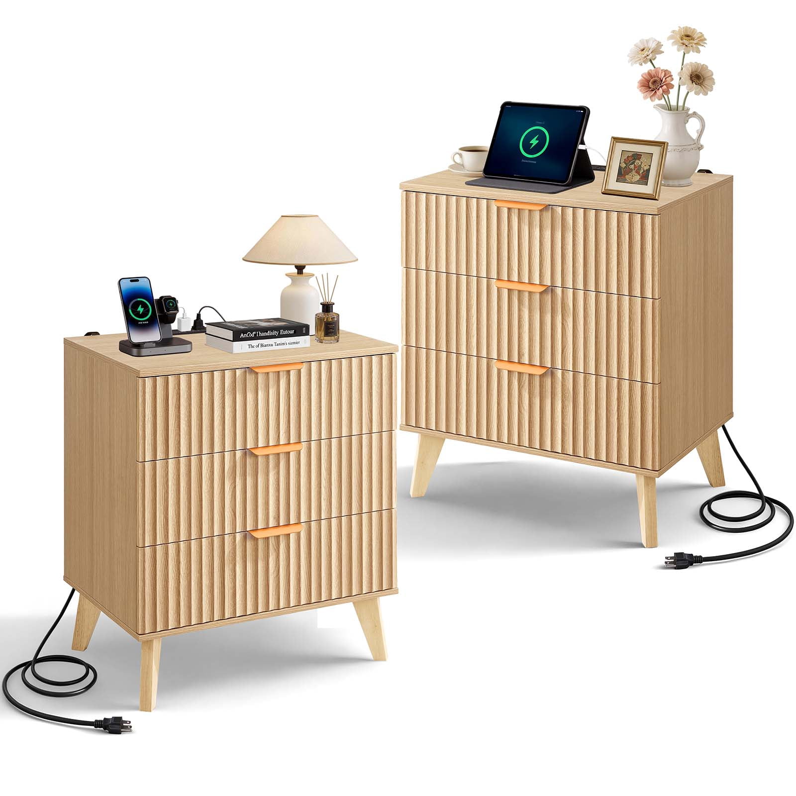 VEVOR Fluted Nightstands with Charging Station, Set of 2, Dresser for Bedroom with 3 Drawers, Mid Century Modern End Table, Bedside Cabinet Side Table Chest of Dresser, Khaki