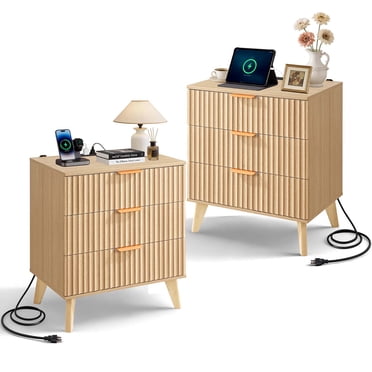 VEVOR Fluted Nightstands with Charging Station, Set of 2, Dresser for Bedroom with 3 Drawers, Mid Century Modern End Table, Bedside Cabinet Side Table Chest of Dresser, Khaki