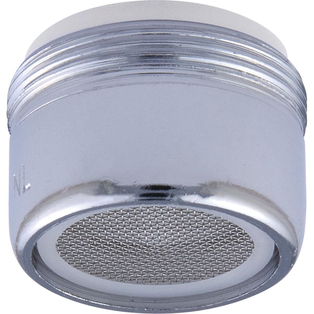 Peerless Dual Thread Faucet Aerator, 1.5 GPM flow rate, close-up front view of a chrome metal aerator with dual threading and fine mesh screen, fitting most standard bathroom sink faucets and suitable for reducing water flow to improve efficiency.