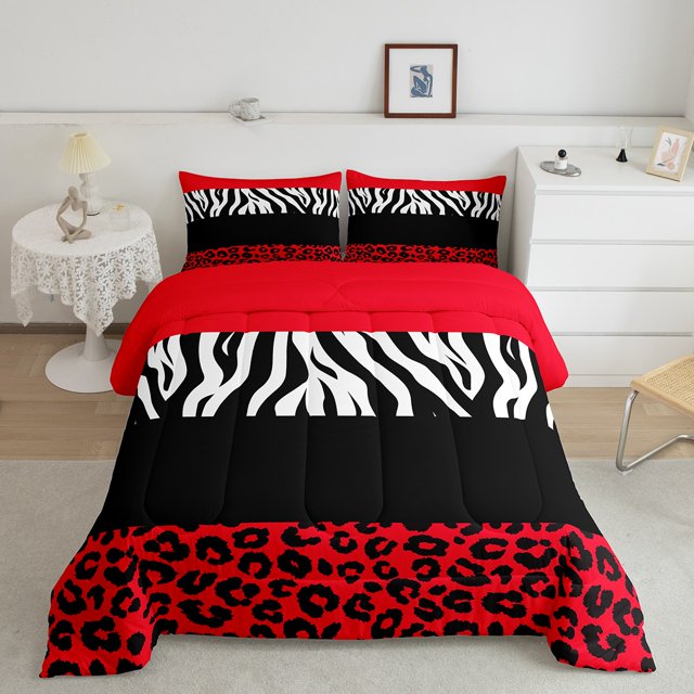Erosebridal Red Leopard Print Bedding King Comforter Set, Geometric Down Comforter, Zebra Decoration, Ultra Soft 3 Pieces