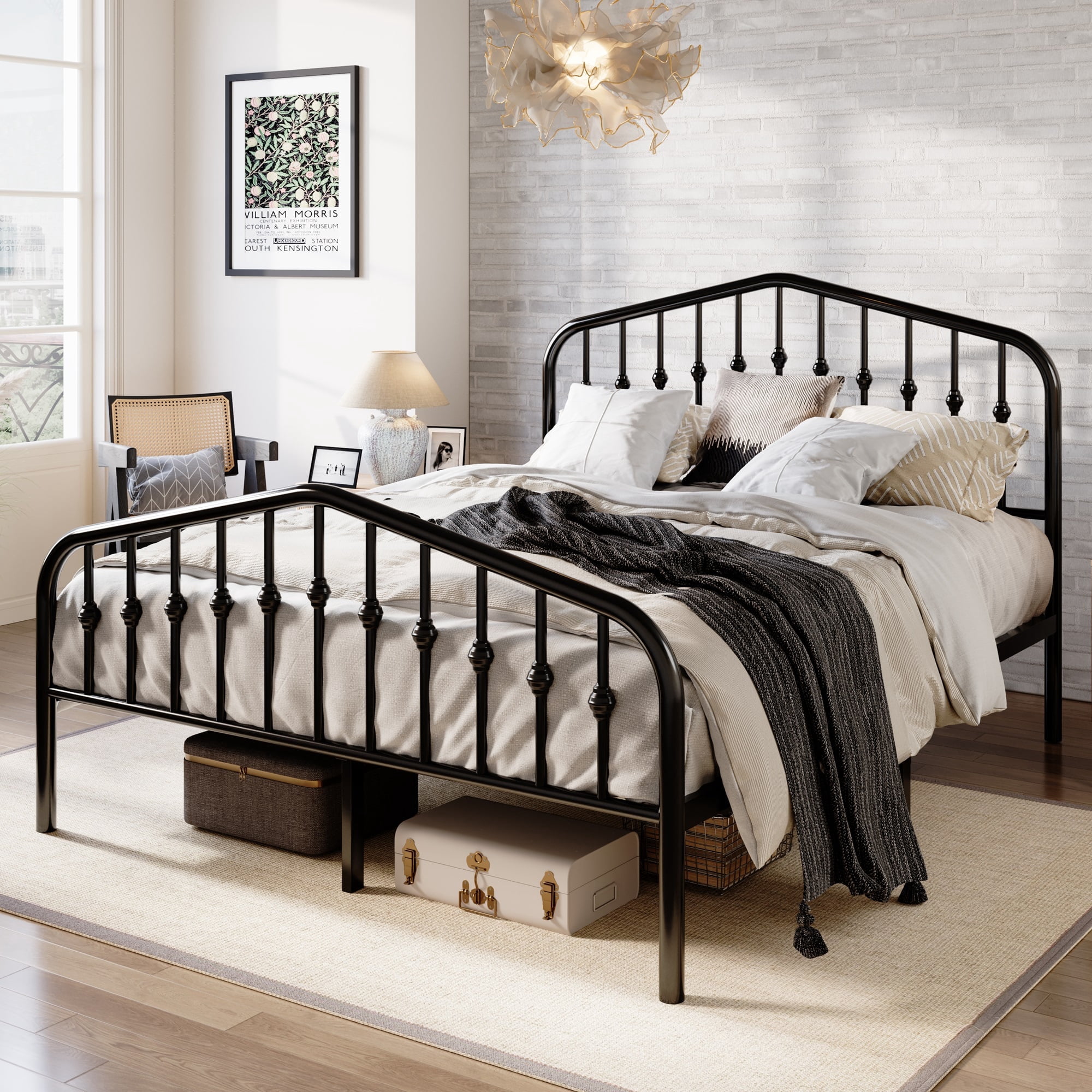 Amolife Queen Size Metal Platform Bed Frame with Victorian Vintage