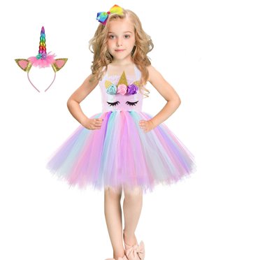 HAWEE Robe Tutu Dreams à Sequins Licorne pour Filles 2-10 Ans avec Bandeau Licorne Fête d'Anniversaire Récital d'Hiver Robes de Danse